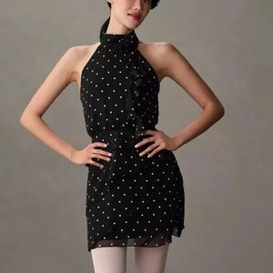 Anthropologie Maeve Halter Dress Rosette Mini Polka Dot Size XL Black/White, New
